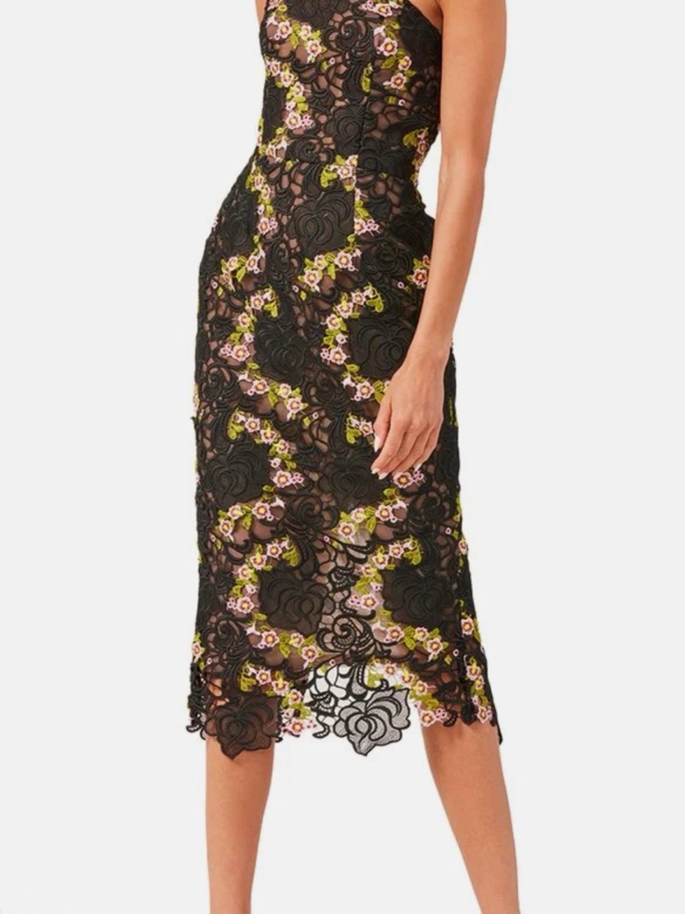 Black Lace Midi Dress with Pink & Green Floral Embroidery